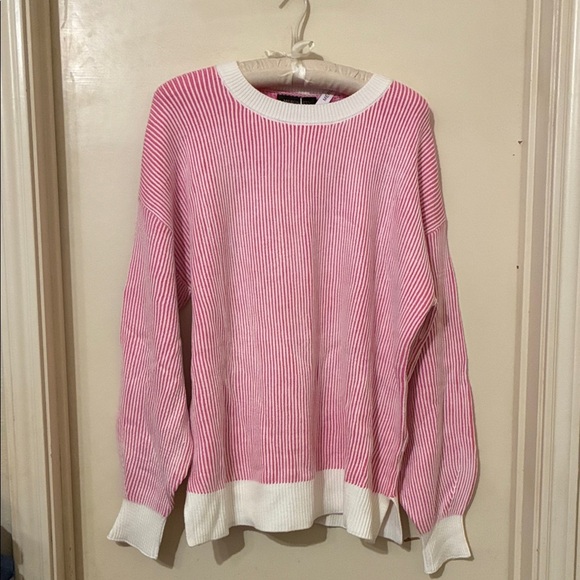 Chic Pink and White Striped Crew Neck Sweater - Picture 1 of 9